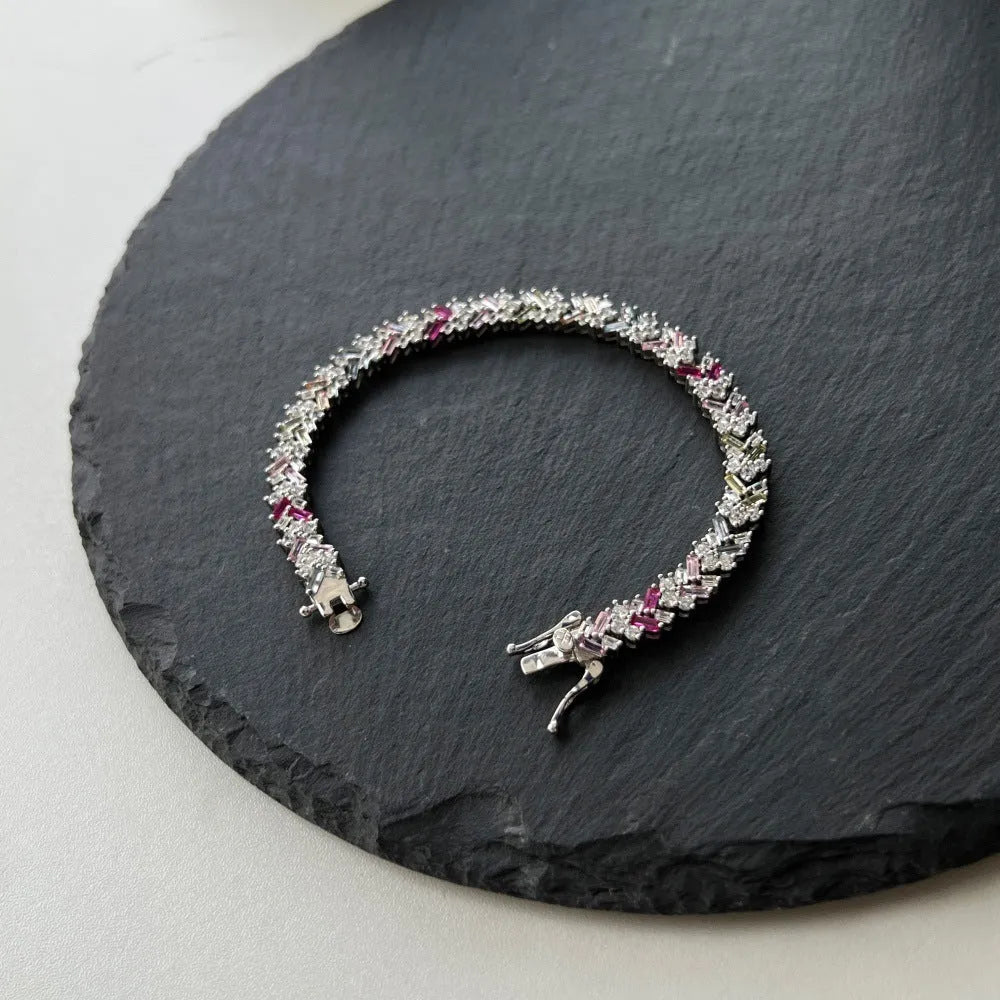 S925 sterling silver women's bracelet with geometric round and ring elements, platinum finish, 16-18cm length options