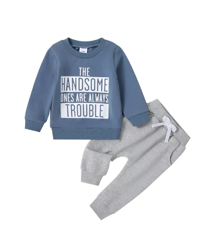 Baby knitted cotton casual suit with letter print top and trousers in navy blue