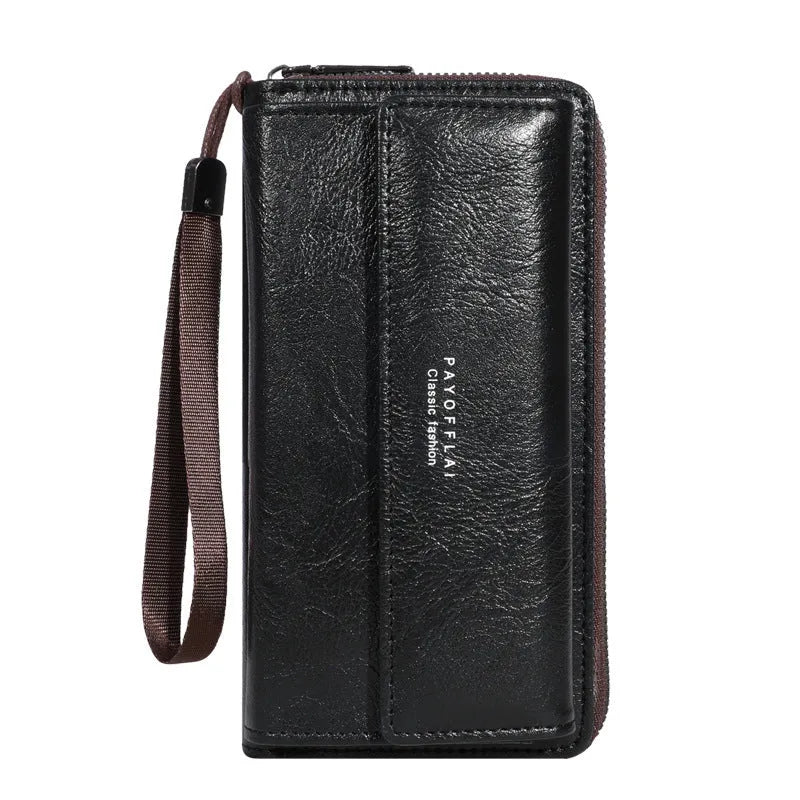 Men's black PU leather wallet showing multiple card slots, displayed next to a brown and coffee coloured version.