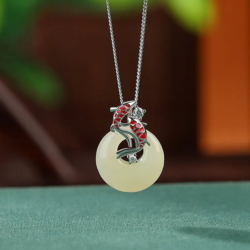 Gold-plated sterling silver pendant necklace with inlaid Hetian jade peace buckle on adjustable 925 silver Cuban link chain, colour gold