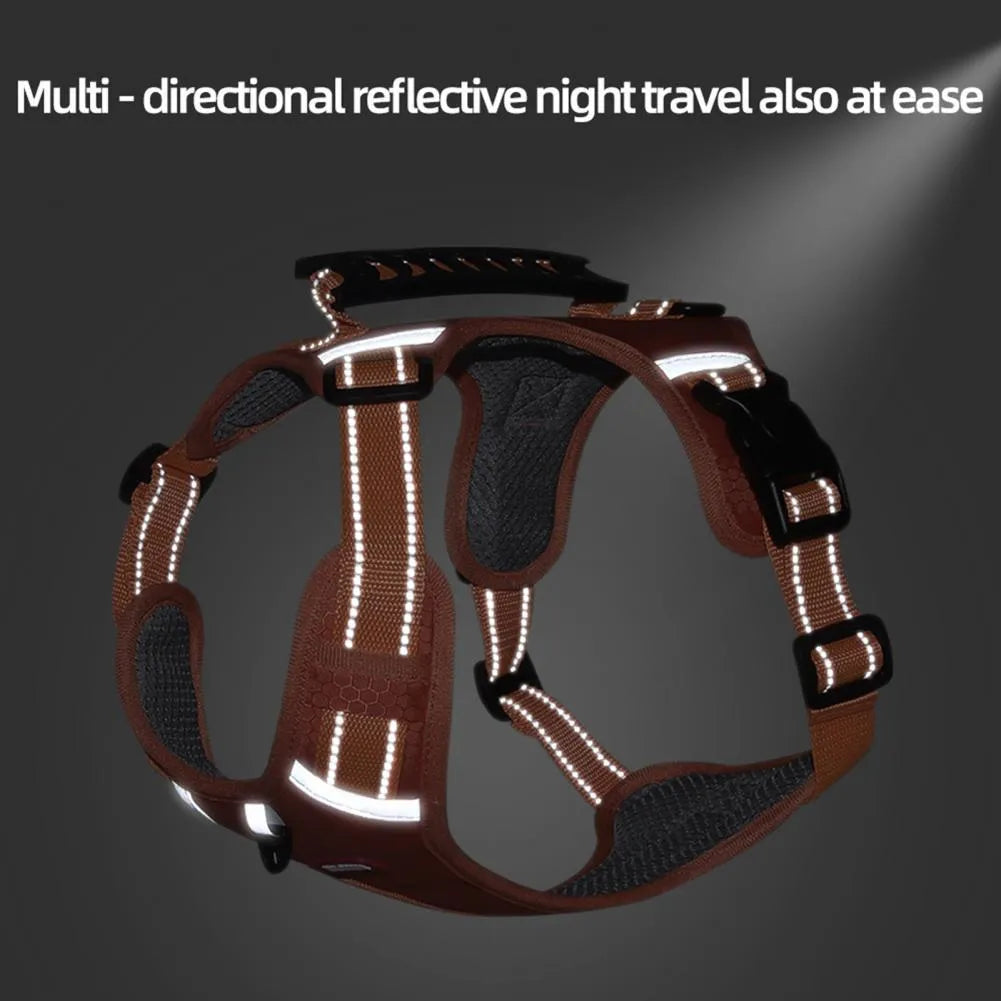 Orange adjustable nylon dog harness vest with reflective strips and breathable mesh panelling.