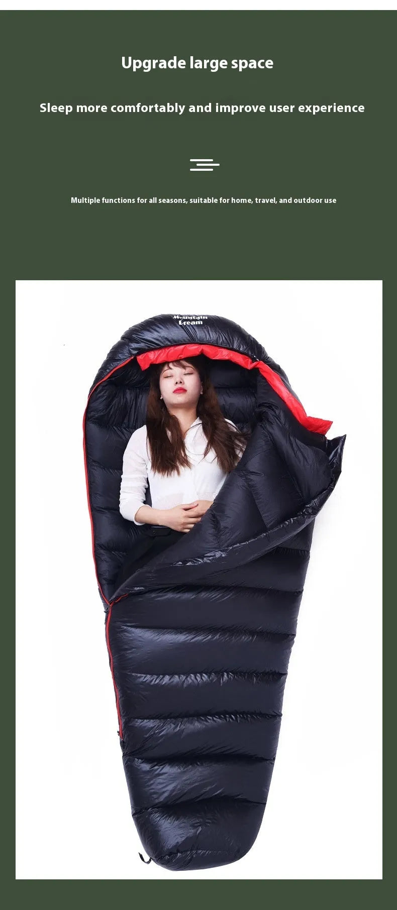Ultralight mummy sleeping bag in army green colour with white duck down fill.