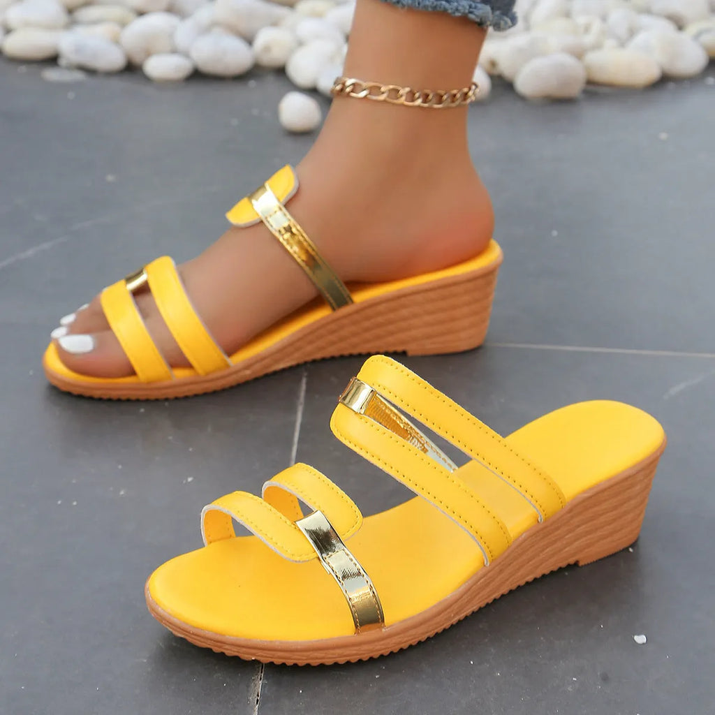 Women's wedge plus size slippers in PU upper with raw rubber sole, round toe, in beige colour, side view