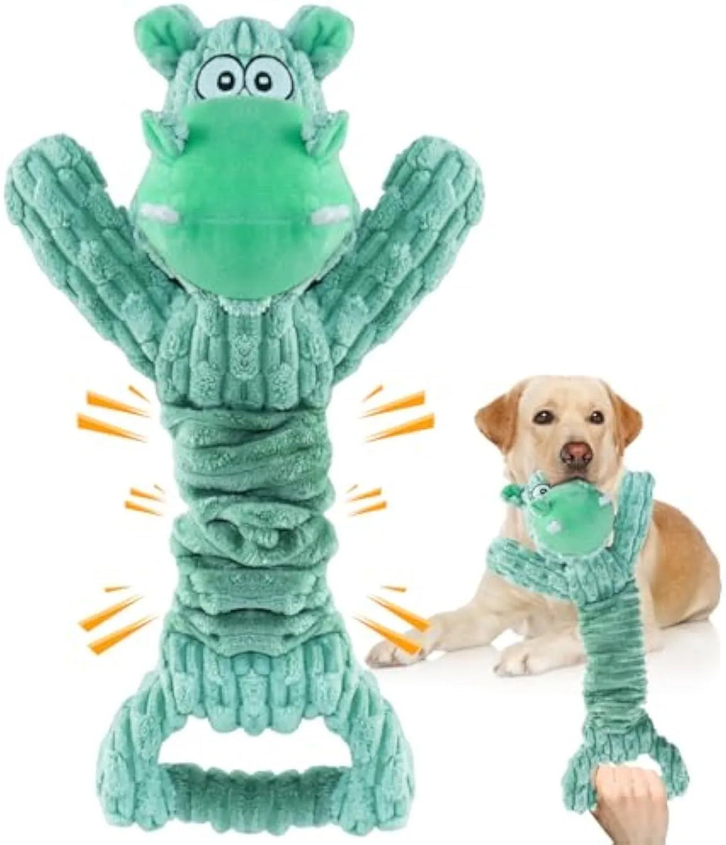 Large stretchy plush dog toy in Hippo or Monkey design with a squeaker and crinkle paper for tug of war.