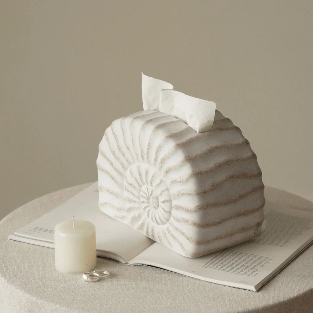 White resin tissue box cover with raised conch shell design