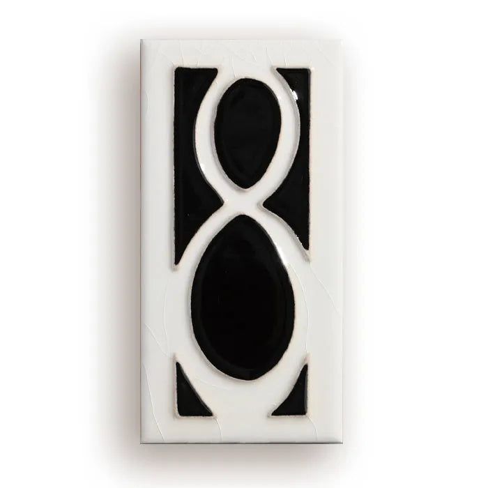 Handmade retro-style ceramic doorplate with white enamel number on blue background, dimensions 76mm by 152mm.