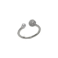 Gold or silver coloured open-end women's ring with round zircon stones and pearl detailing on a geometric band.