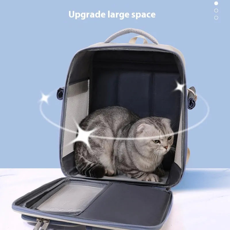 Beige and blue canvas cat backpack with double-sided breathable mesh, size 32x23x43cm, for cats under 7.50 kg