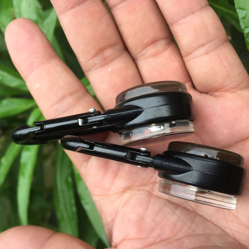Black zinc alloy double-sided carabiner with a climbing button closure, showing integrated compass and thermometer.