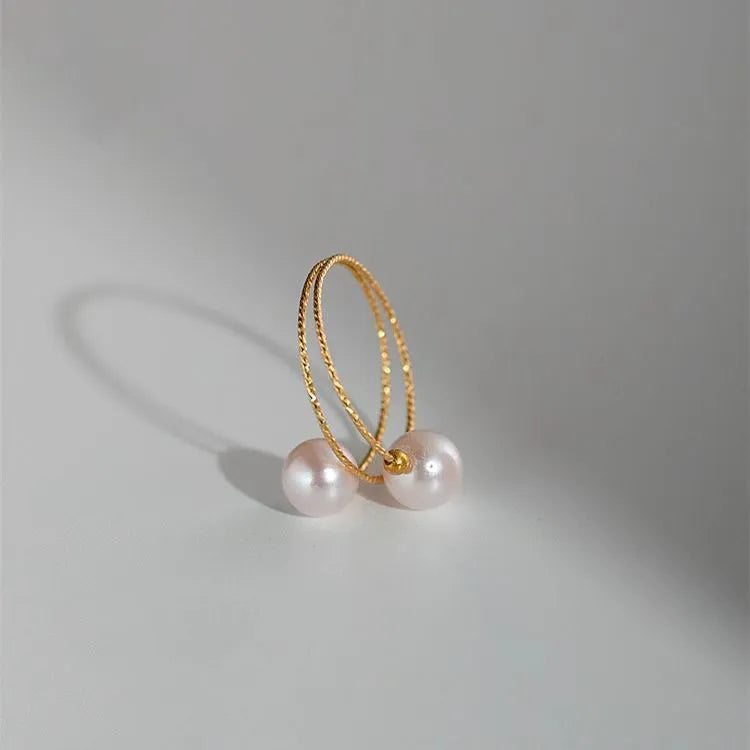 18k gold pearl elastic ring Au750 with white pearl inlay, adjustable band, women's jewellery