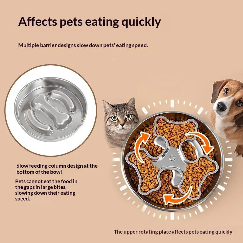 Stainless steel rotating slow-feeding pet bowl with bone design for dogs and cats to prevent choking