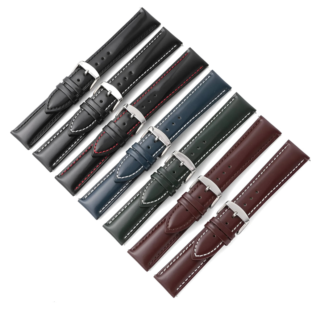 Quick release cowhide leather watch strap shown in black with red cord accents and a 22mm width.