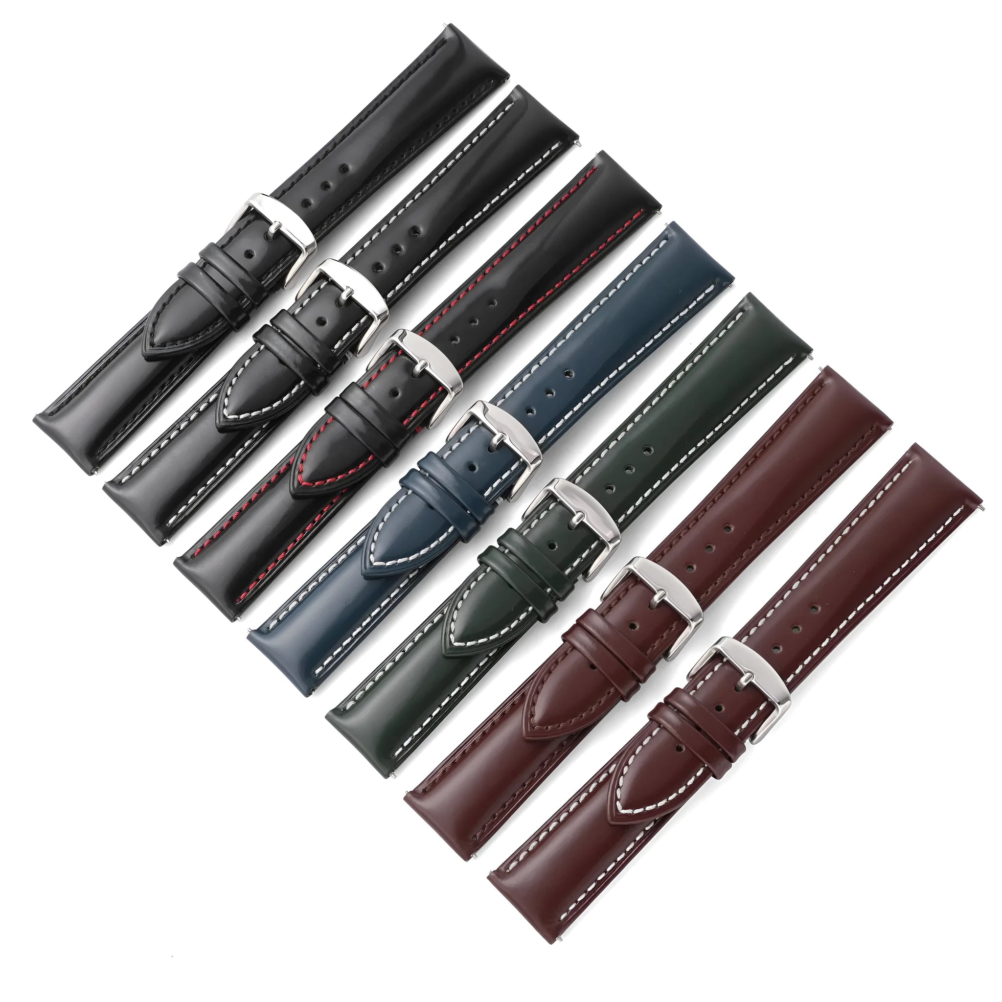 Quick release cowhide leather watch strap shown in black with red cord accents and a 22mm width.