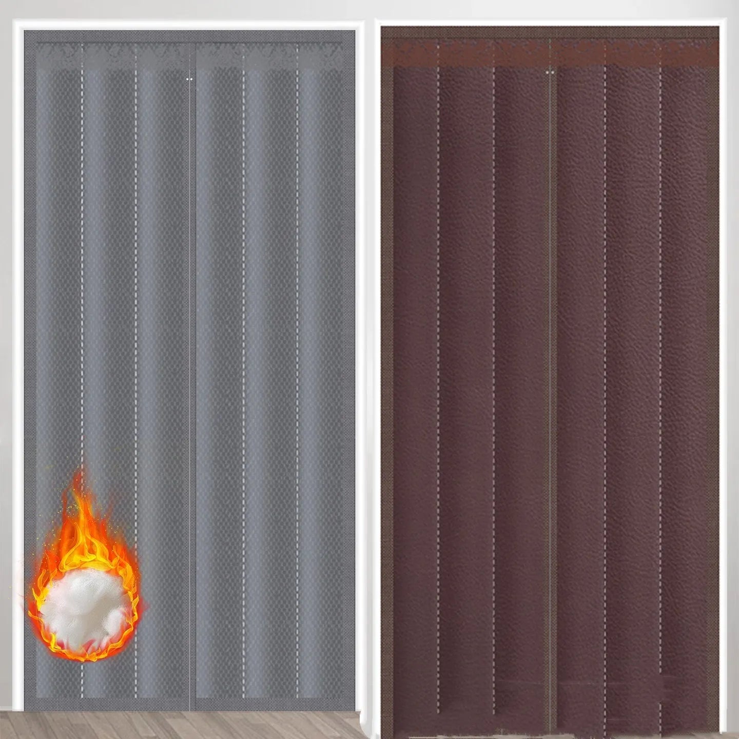 Full seam long magnetic strip cotton door curtain in New Chinese style, showing colour options and magnetic closure.