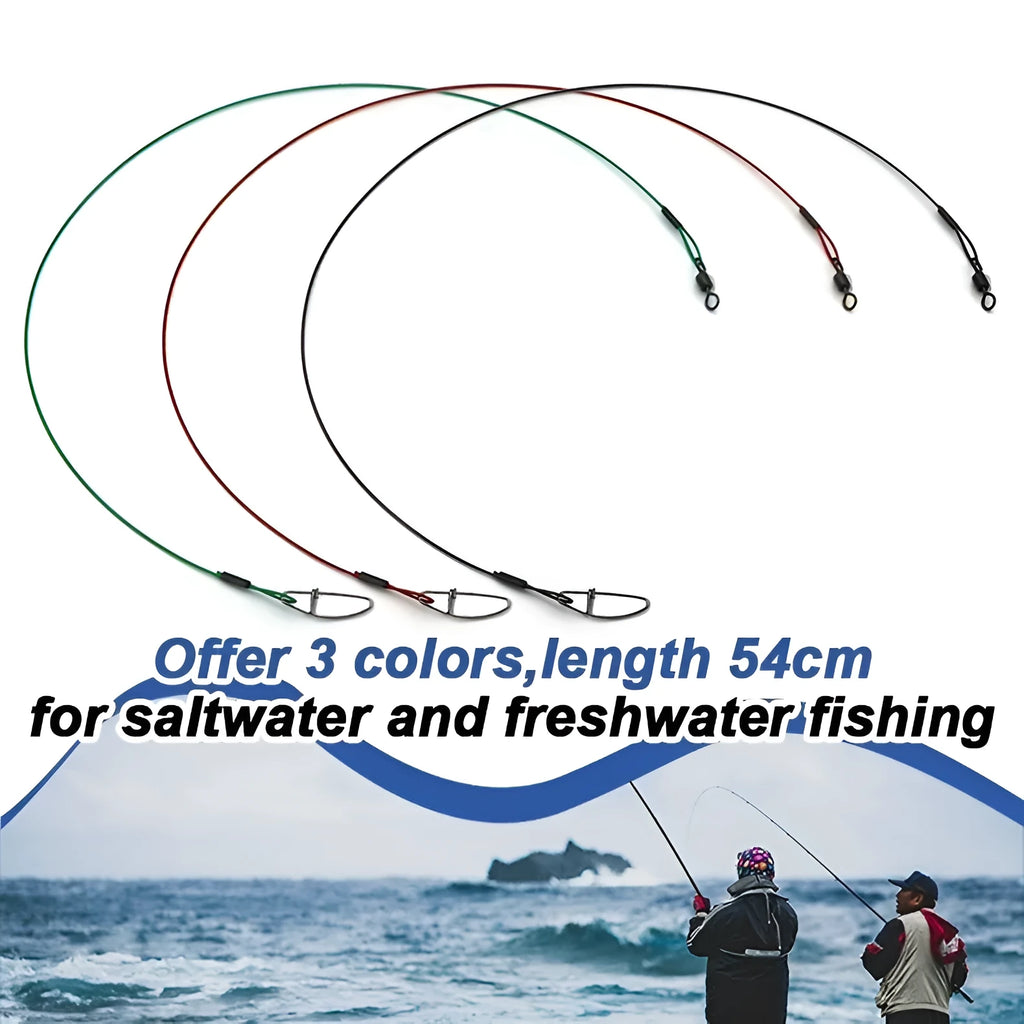 Set of green, black, and red steel wire fishing pins with double buckle ends, each 54cm long.