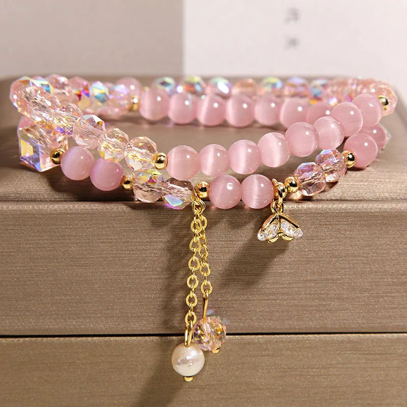 New Chinese style opal double ring bracelet for women with gold-plated cat eye crystal and zircon flower