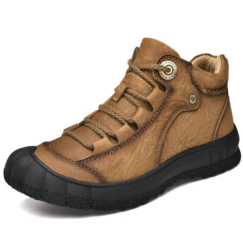 Genuine leather mid-top men's shoes in light brown with closed toe and low heel