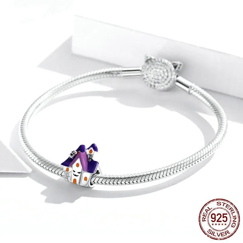 Purple Halloween haunted house metal loose bead, 1.2cm x 1cm, with heart element for jewellery making