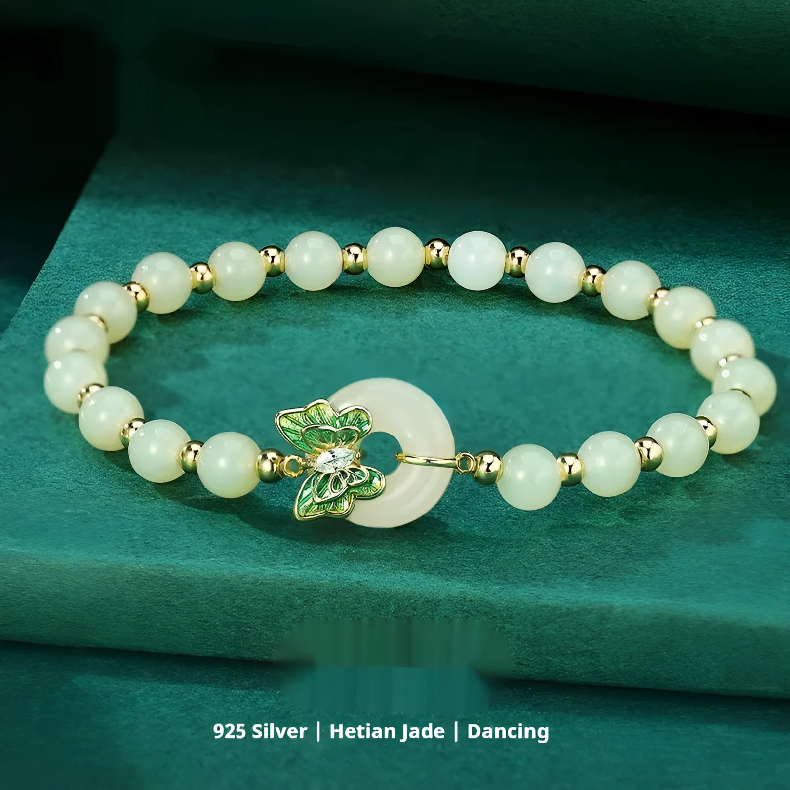 Cyan Hetian jade bracelet with sterling silver butterfly inlay, 6mm diameter