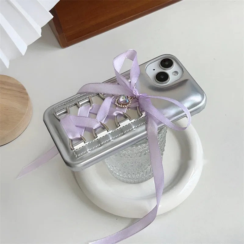 Electroplated silver PC phone case with shoelace bow for iPhone 15, blue colour