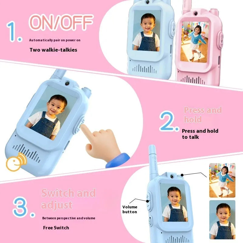 Two mini video wireless walkie talkies for kids in pink and blue with 2.0-inch IPS display and Type-C charging