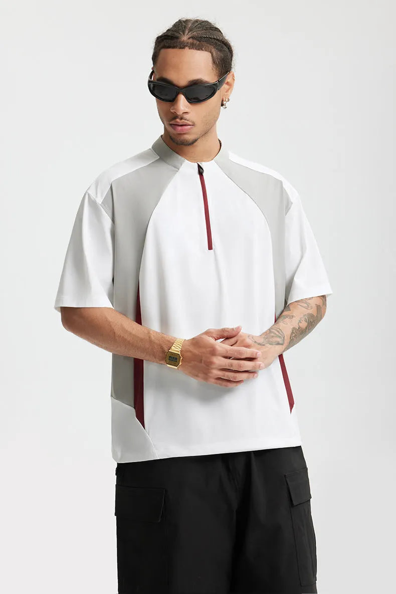 Men's lightweight polyester casual shirt in black and beige colours with stitching detail