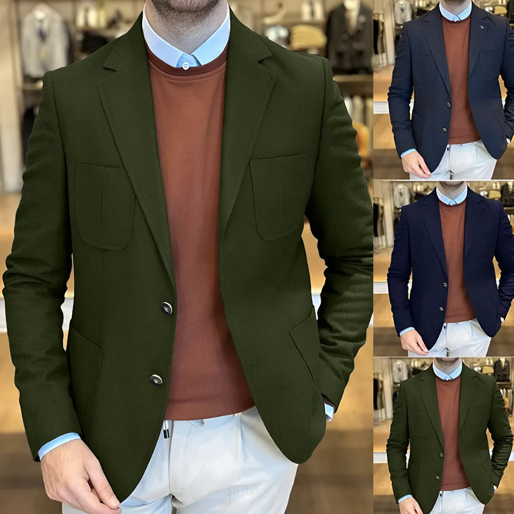 Men's loose-fit cotton suit jacket in a retro style, shown in a solid colour.