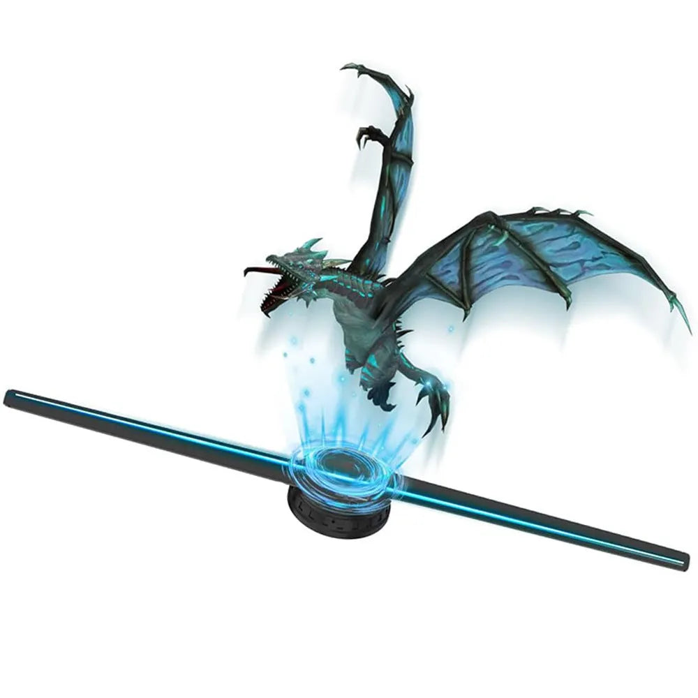 Holographic fan projector showing suspended aerial image with stereo rotating effect