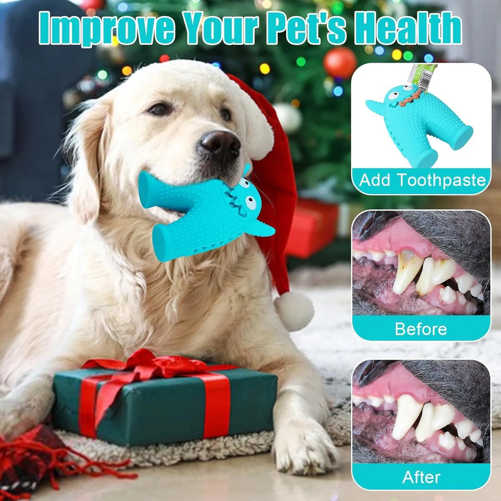 Monster-shaped squeaky dog toy made of natural rubber with tooth slot for cleaning teeth during chew play for small dogs