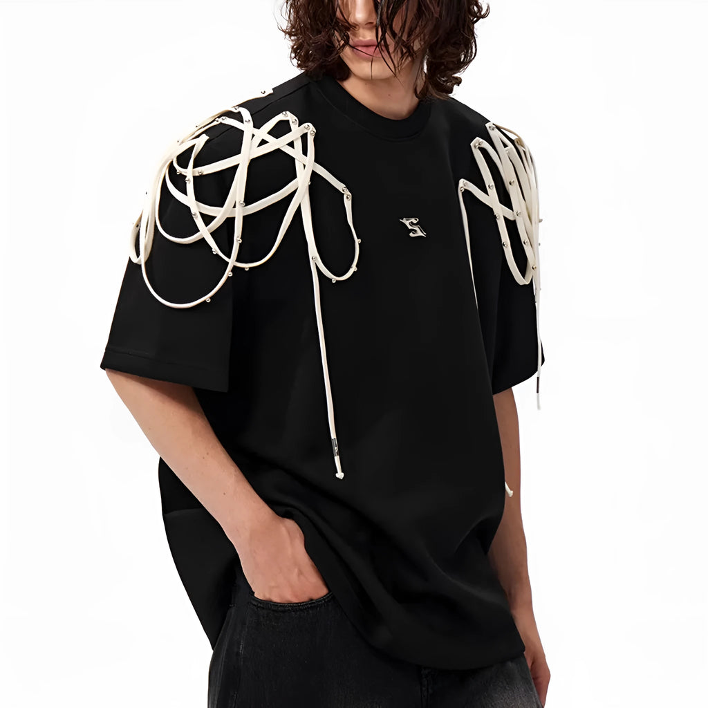 Black loose fit short-sleeved T-shirt with padded shoulder rivet ribbon detail