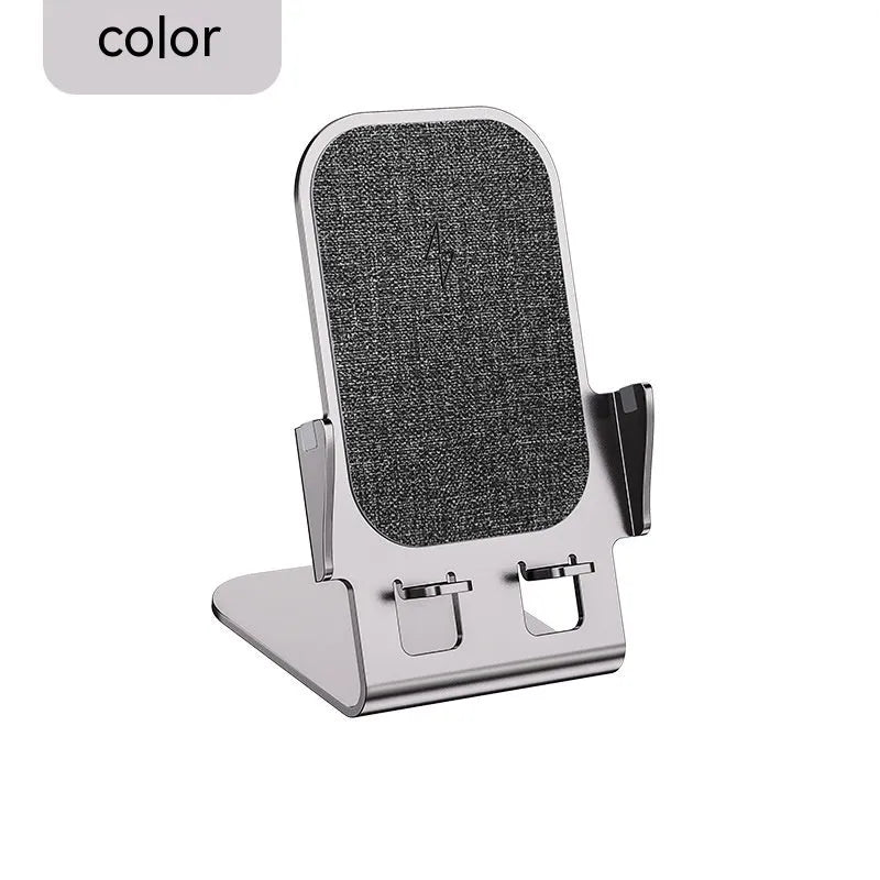 Cyan wireless charging metal desktop stand with aviation aluminium alloy body holding a smartphone upright