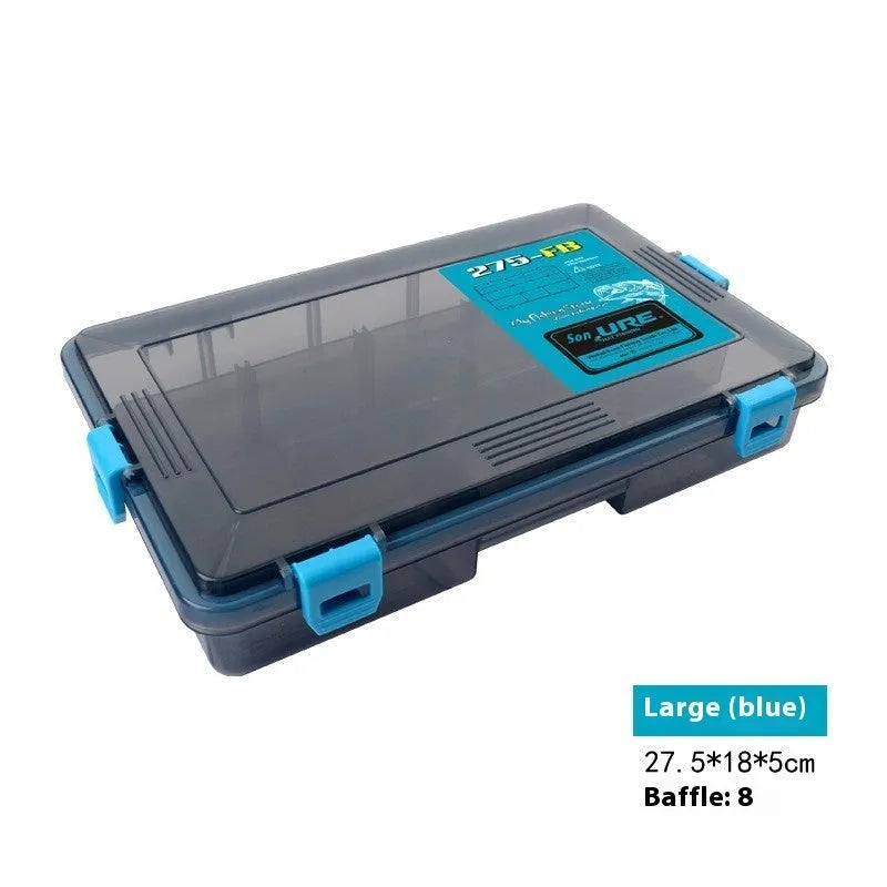Blue plastic fishing lure storage box with compartments, shown next to a green box of the same design.
