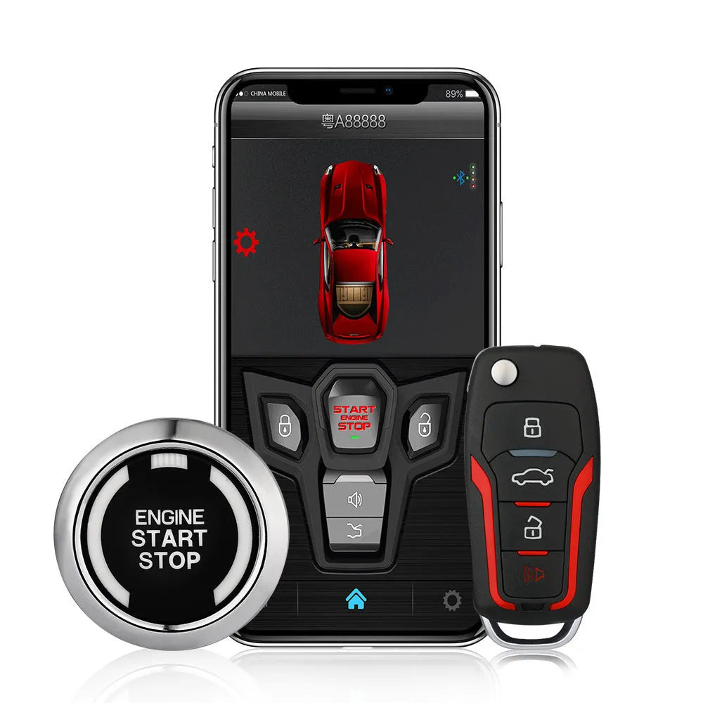 Red and black one-way remote control car alarm unit with two remotes for vehicle security.