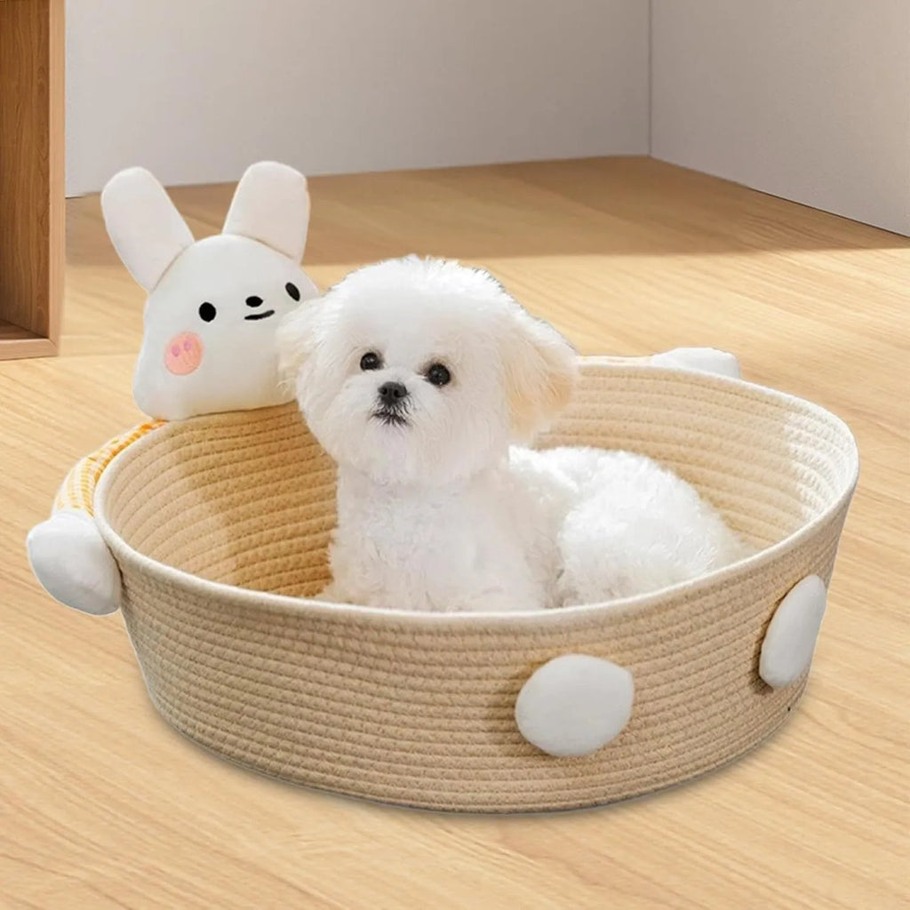 Woven cotton rope cat bed basket with scratching pad in bear design, shown in medium size.