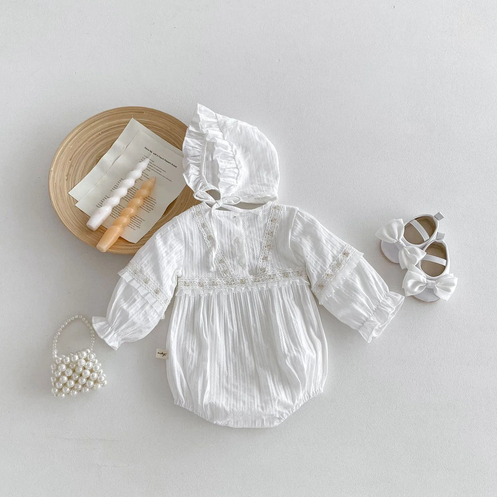 White infant Korean style cotton triangle jumpsuit romper with removable hood for girls