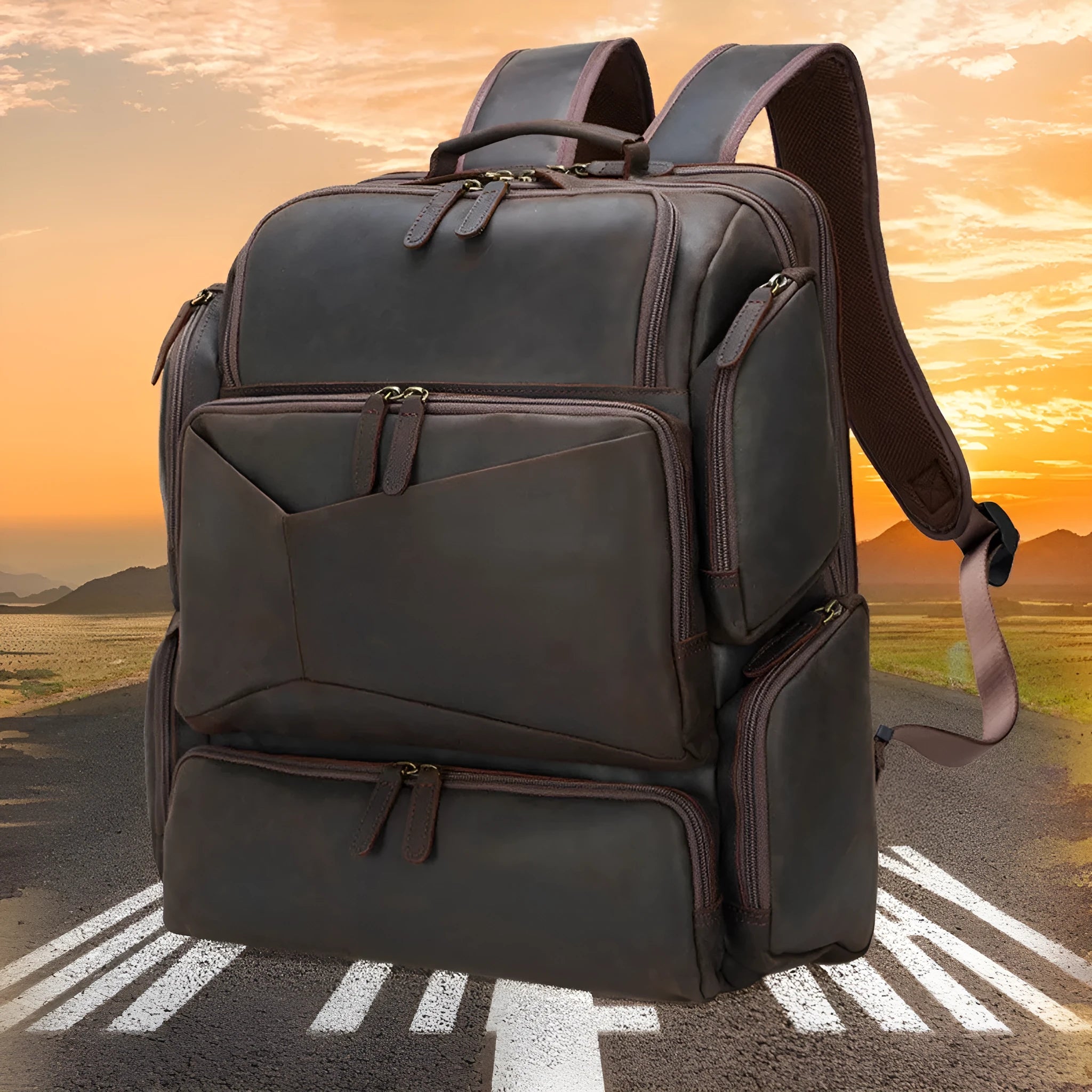 Dark brown retro crazy horse leather men's backpack showing external pockets and internal organiser for a 17-inch laptop.