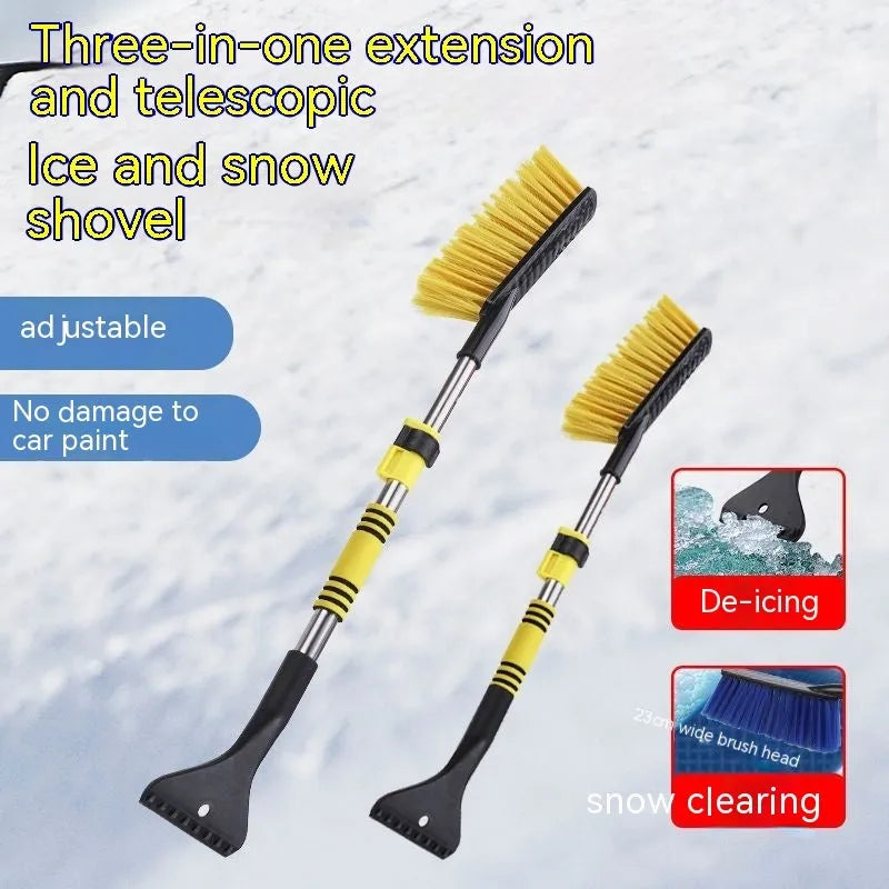 Yellow and blue telescopic car snow brushes with a separate black snow ploughing blade on a white background.