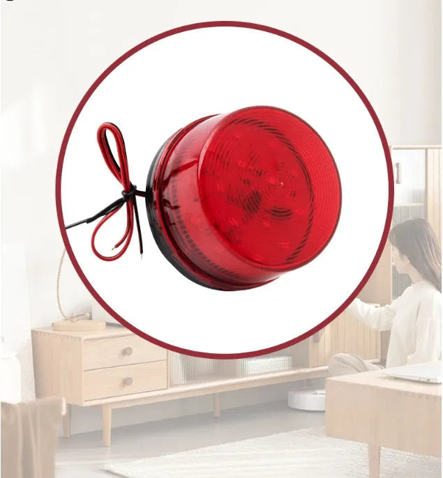 Small red 24V flashing warning light and alarm with mounting base.