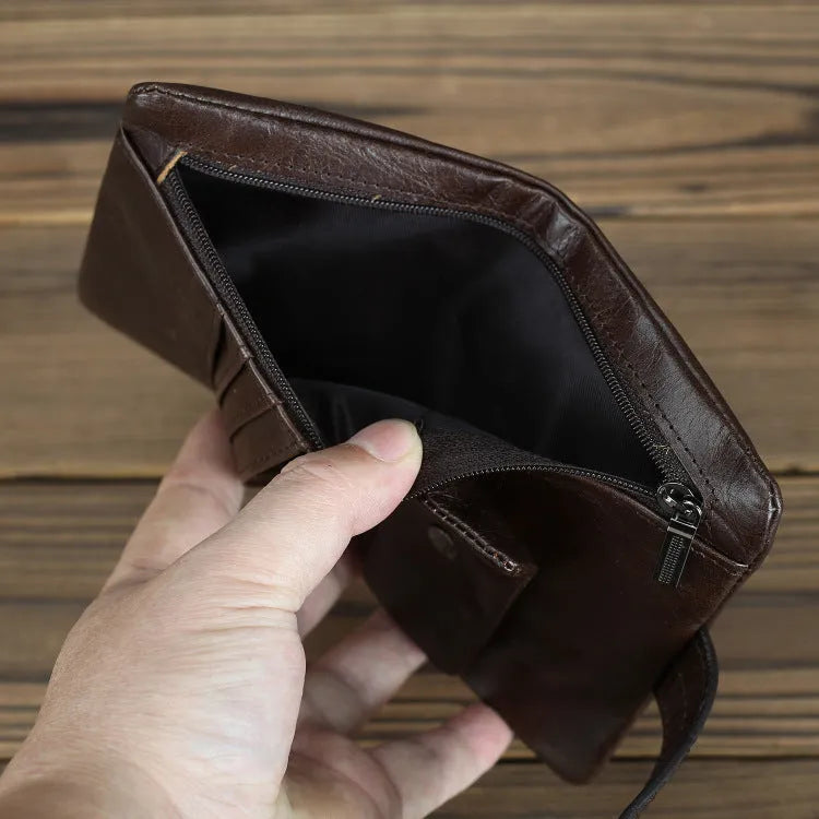 Brown genuine leather women's wallet with multiple card slots and sewing thread detail