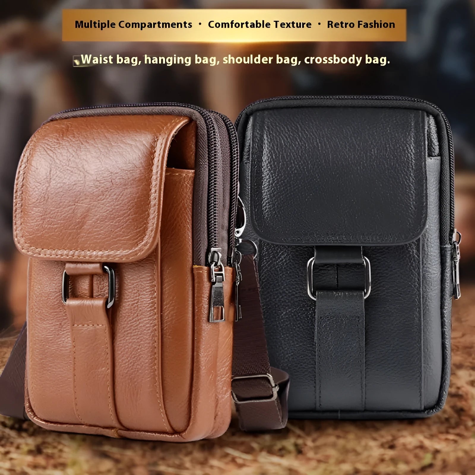 Men's black genuine leather waist bag with lock, shown in vertical square shape.