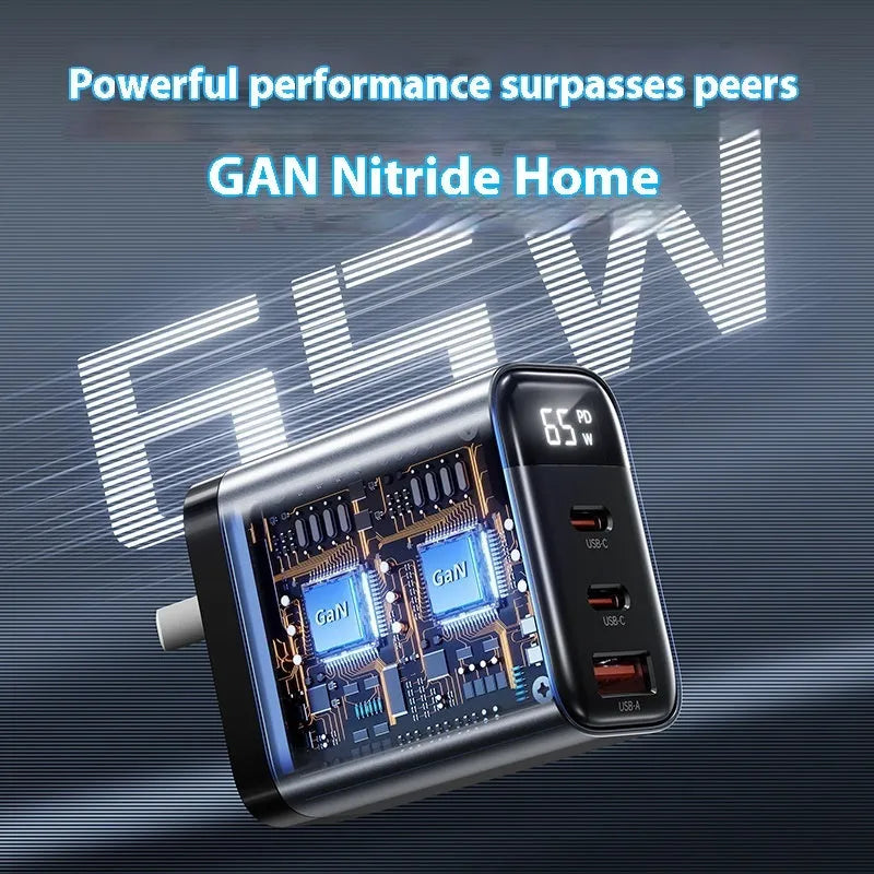 Gallium nitride three-port 65W charger with smart digital display in black, showing Type-C port