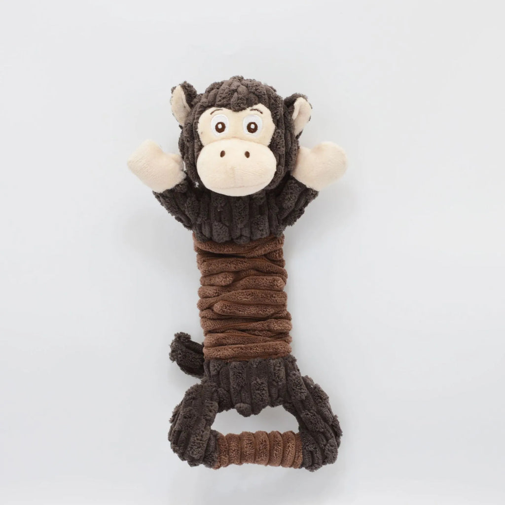 Large stretchy plush dog toy in Hippo or Monkey design with a squeaker and crinkle paper for tug of war.