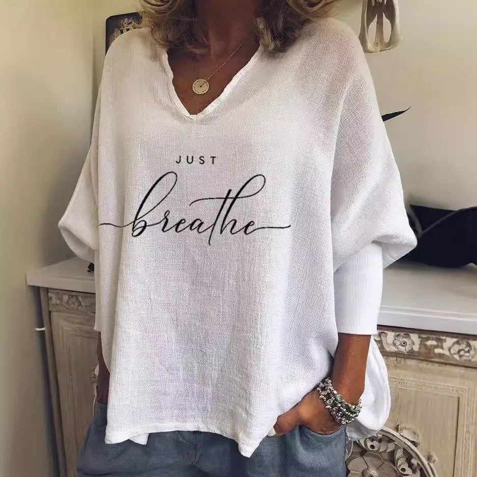 Women's V-neck long sleeve loose top with digital printing in brushed milk silk Spandex fabric
