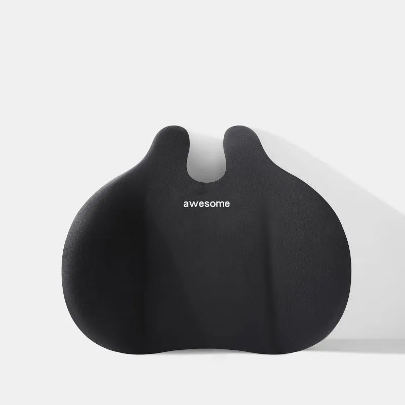 Cow head style black cloth car headrest pillow and matching lumbar support pillow.
