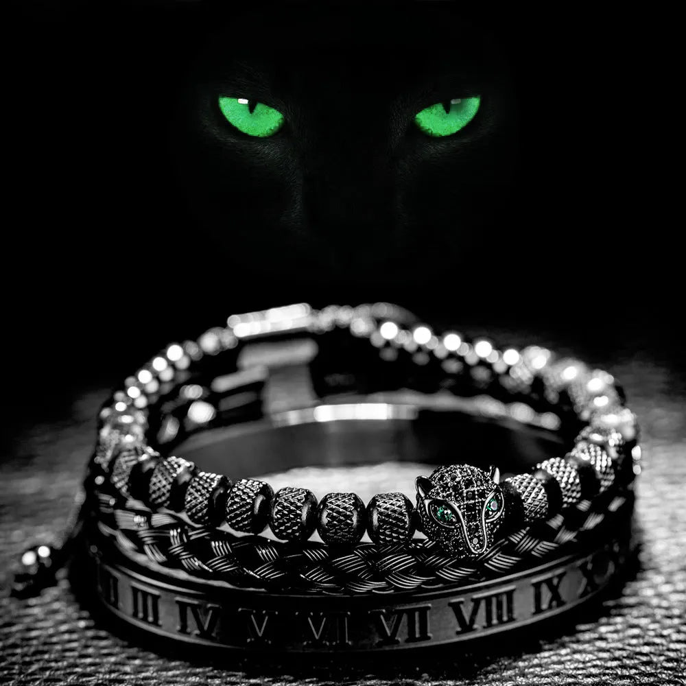 Leopard head titanium steel unisex bracelet with mesh pineapple beads and Roman style in black, gold or silver finish