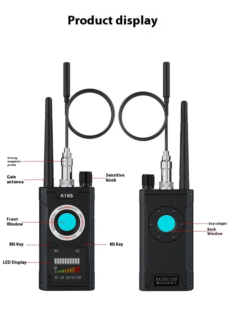 Anti-eavesdropping detector with wireless, magnetic, and camera detection, 117 x 56 x 20 mm, American or European Standard