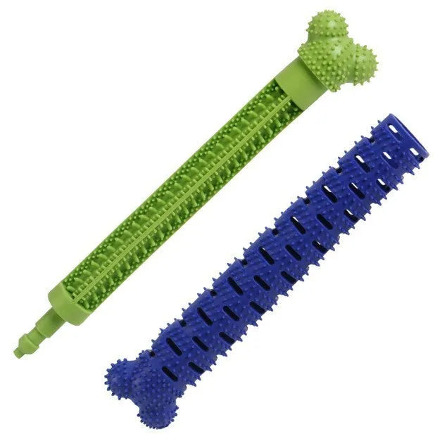 Blue and green silicone dog dental chew toy with textured brush head for teeth cleaning.