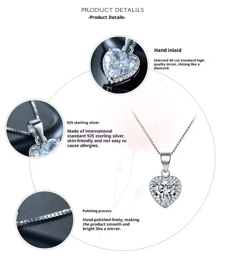 S925 silver heart-shaped zircon and diamond full diamond necklace with box chain for women