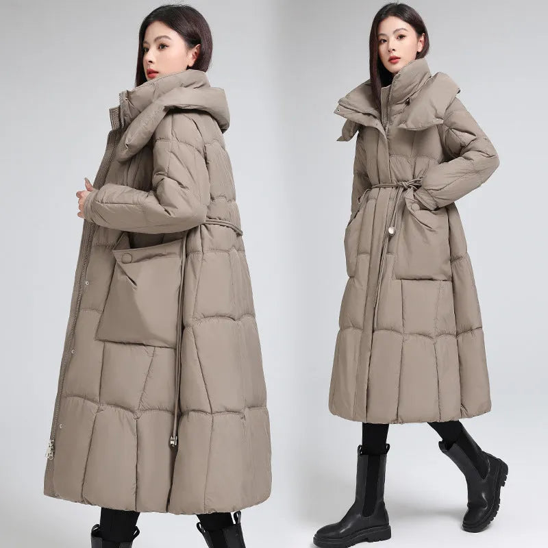 Women's knee-length padded jacket waist-cinching thicken coat in black with pockets