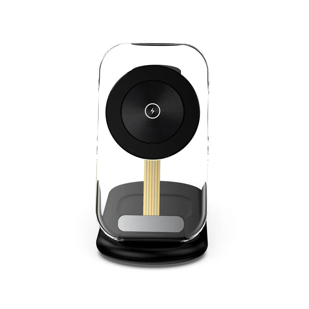 Transparent folding 3-in-1 wireless charger with phone, watch, and earbuds charging simultaneously, showing internal coils.